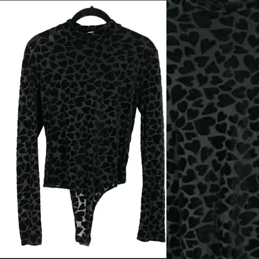 Only Hearts Black Burnout Velvet Hearts Long Sleeve Thong Bodysuit Valentine's M